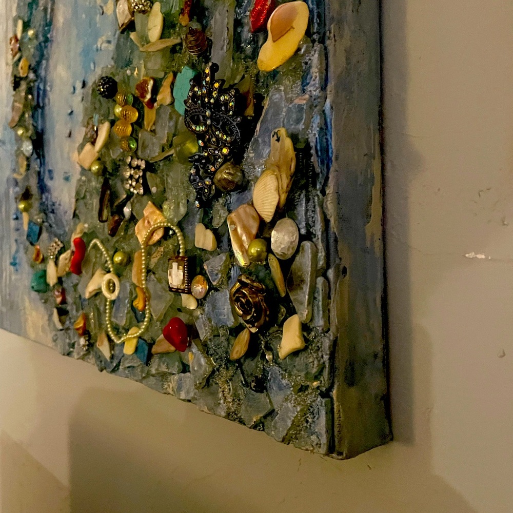 Art, canvas, glass beads,beads. Acrylic paint, epoxy resin